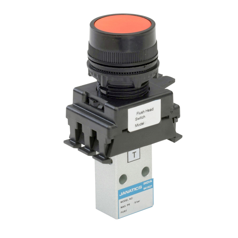 DP242P70-FH1A , Janatics , M5,3/2 NC valve (DP) with Actuator(Flush head-Red) , Poppet , 3/2 Normally closed , Flush Head (Red) , Spring Return , M5